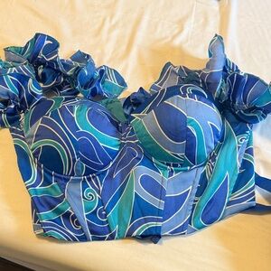 SheIn IXL Blue and Green Patterned Ruffle Top